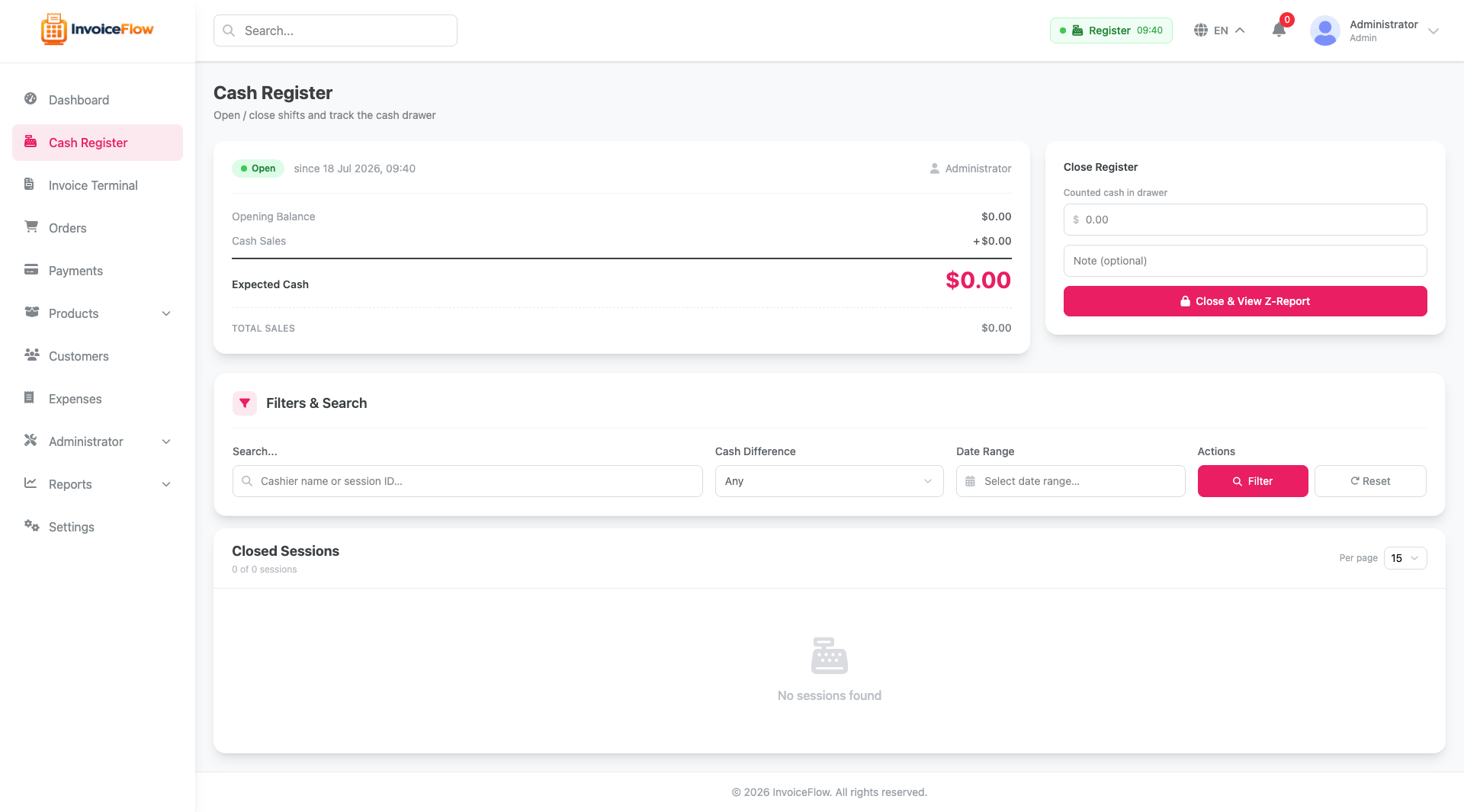 Cash Register & Shifts